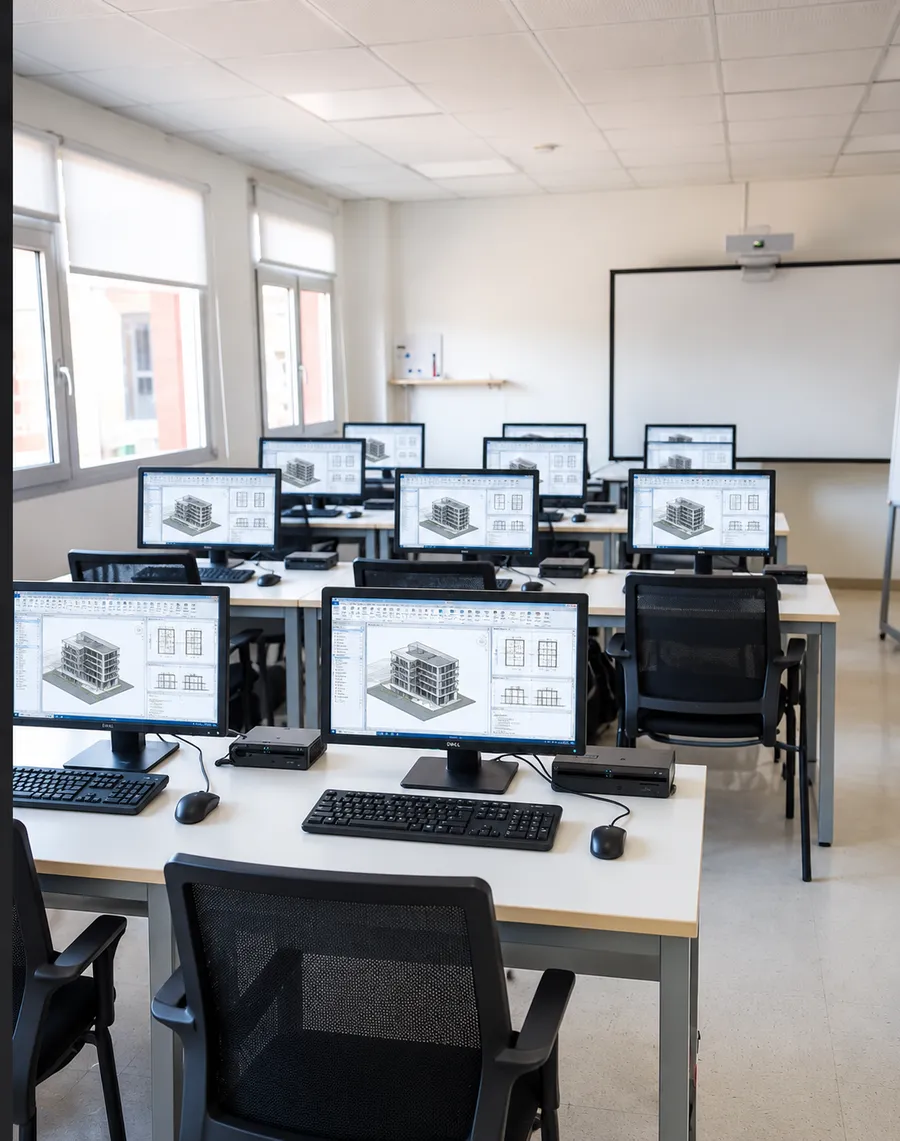 Un'aula informatica vista dal posto dei corsisti, con un modello BIM su ogni monitor